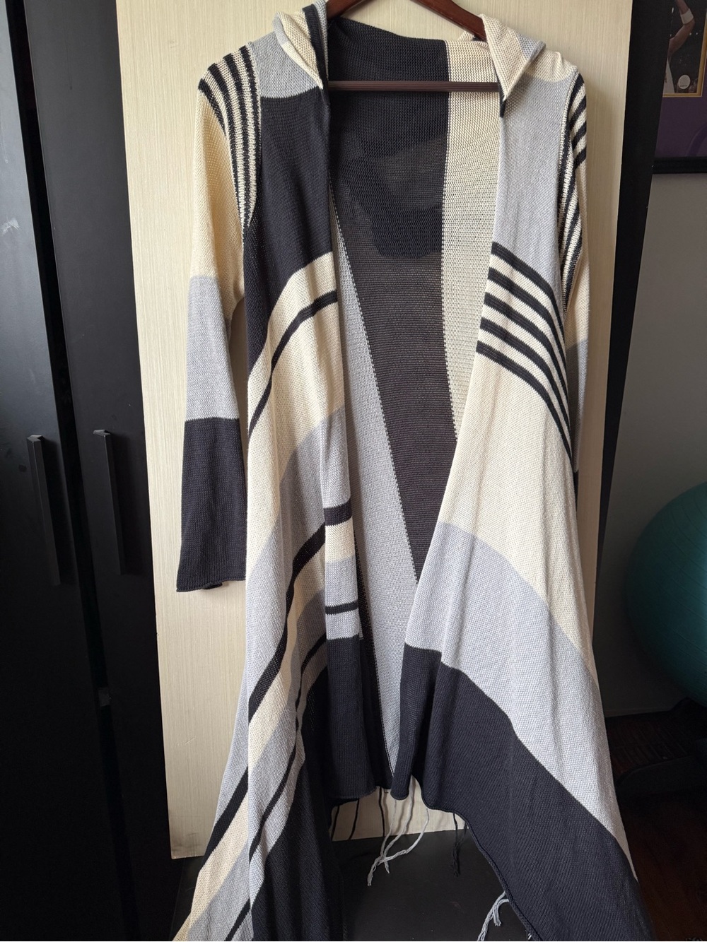 Women's Hooded Open-Front Long Cardigan Sweater in Cream, Gray & Black